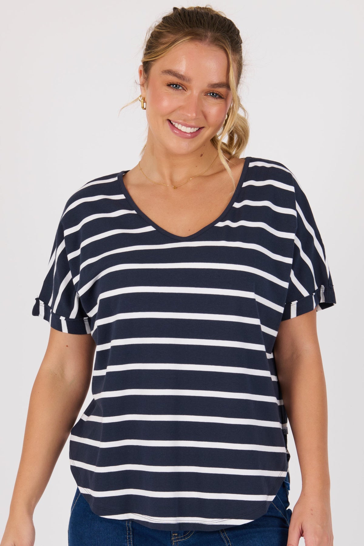 V-Neck Curve Hem Tee - Navy / White Stripe - Catani Clothing