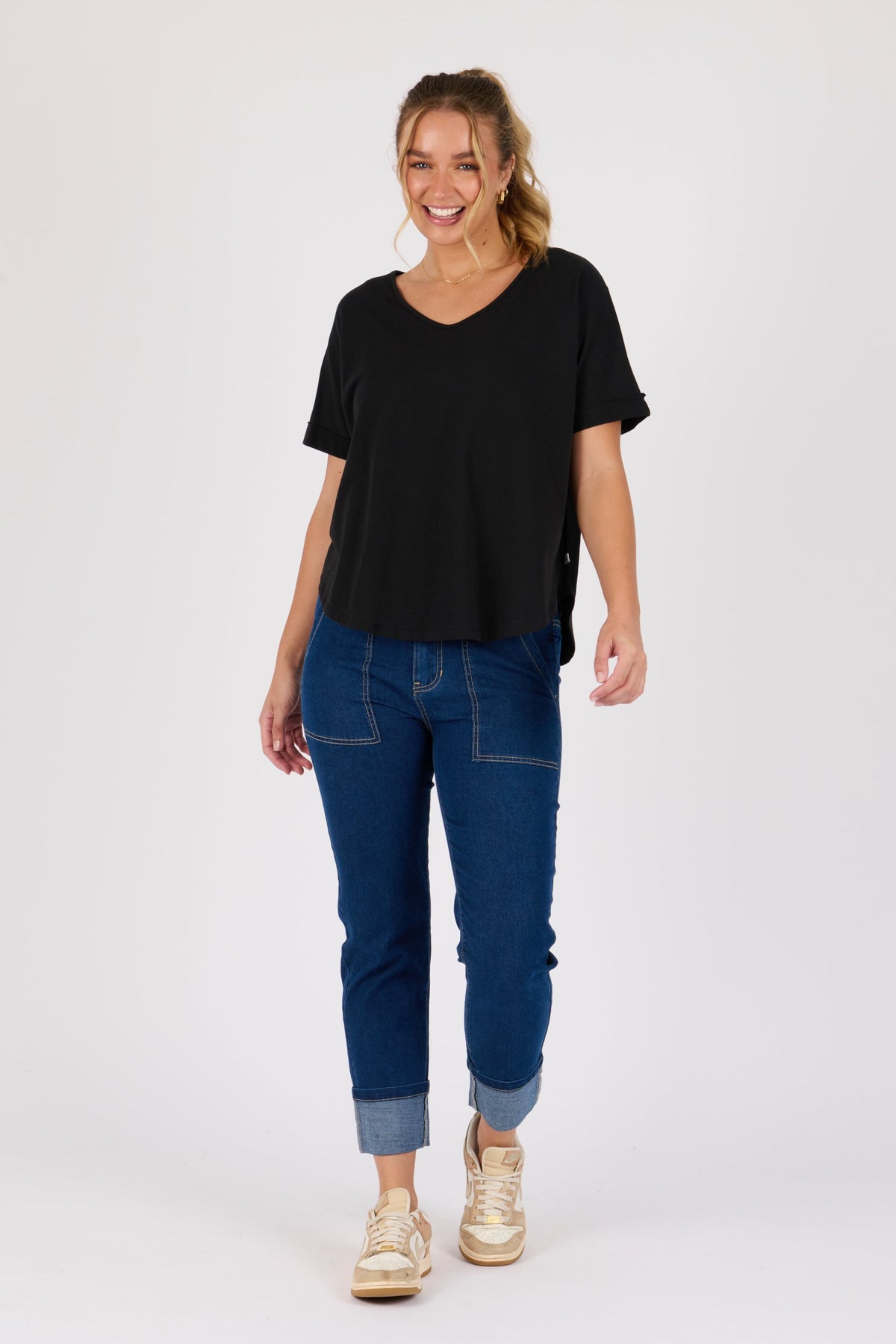 V-Neck Curve Hem Tee - Black - Catani Clothing
