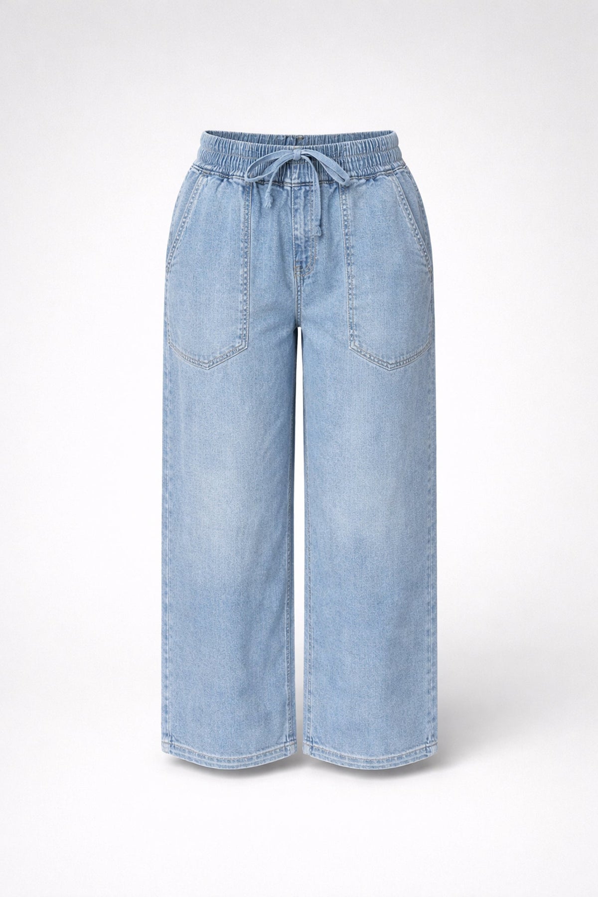 One Ten Willow relaxed pull on jeans in mid blue, flat lay