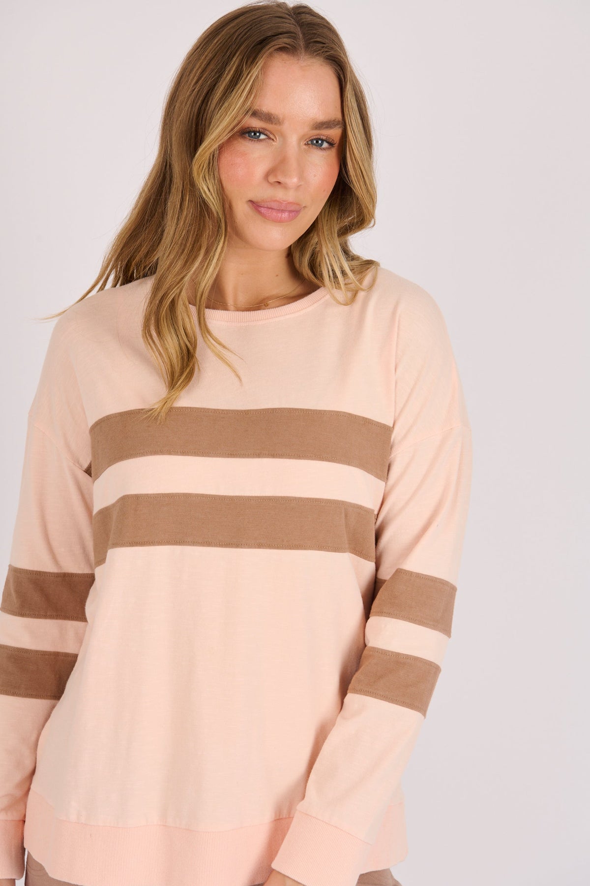 Panel Stripe Tee in blush with chocolate stripes