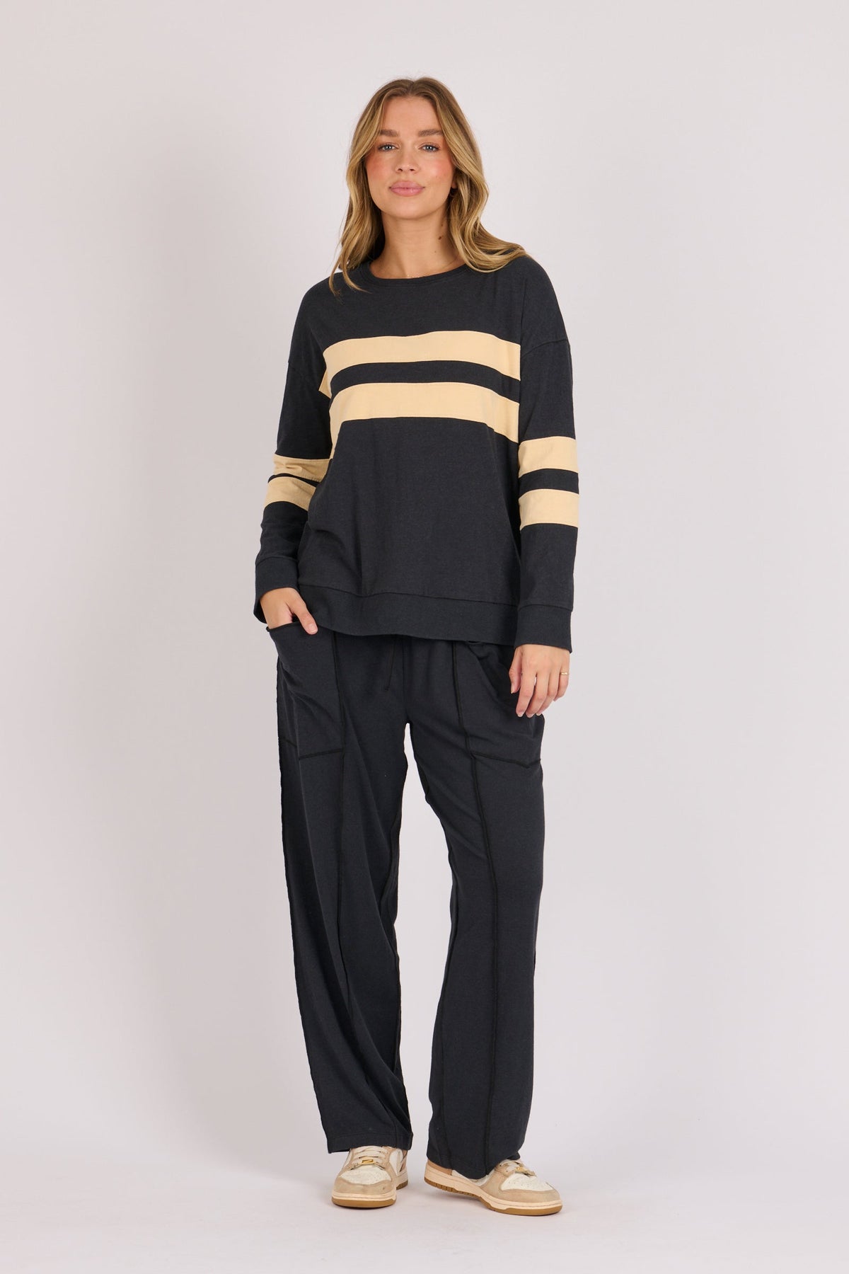 Panel Stripe Tee black beige stripe detail