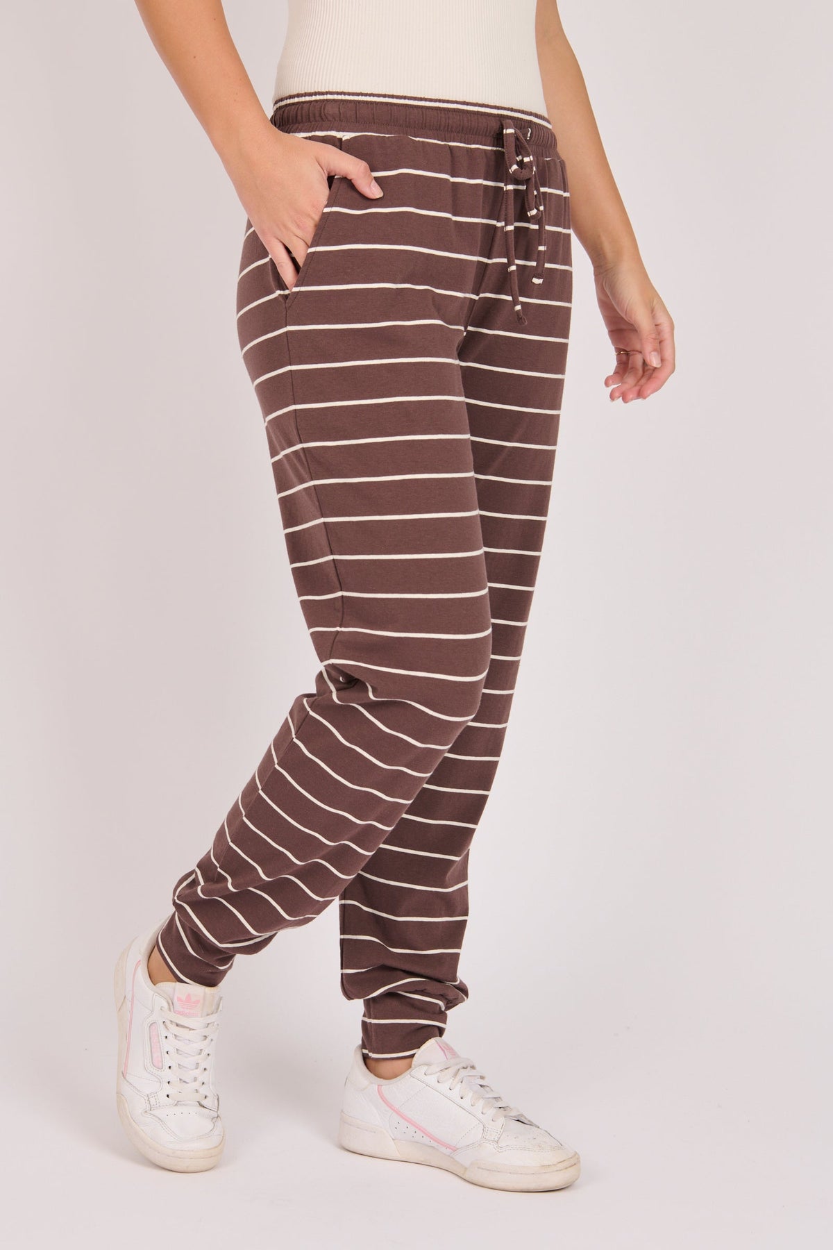 One Ten Willow Everyday Pant in chocolate and ecru stripe