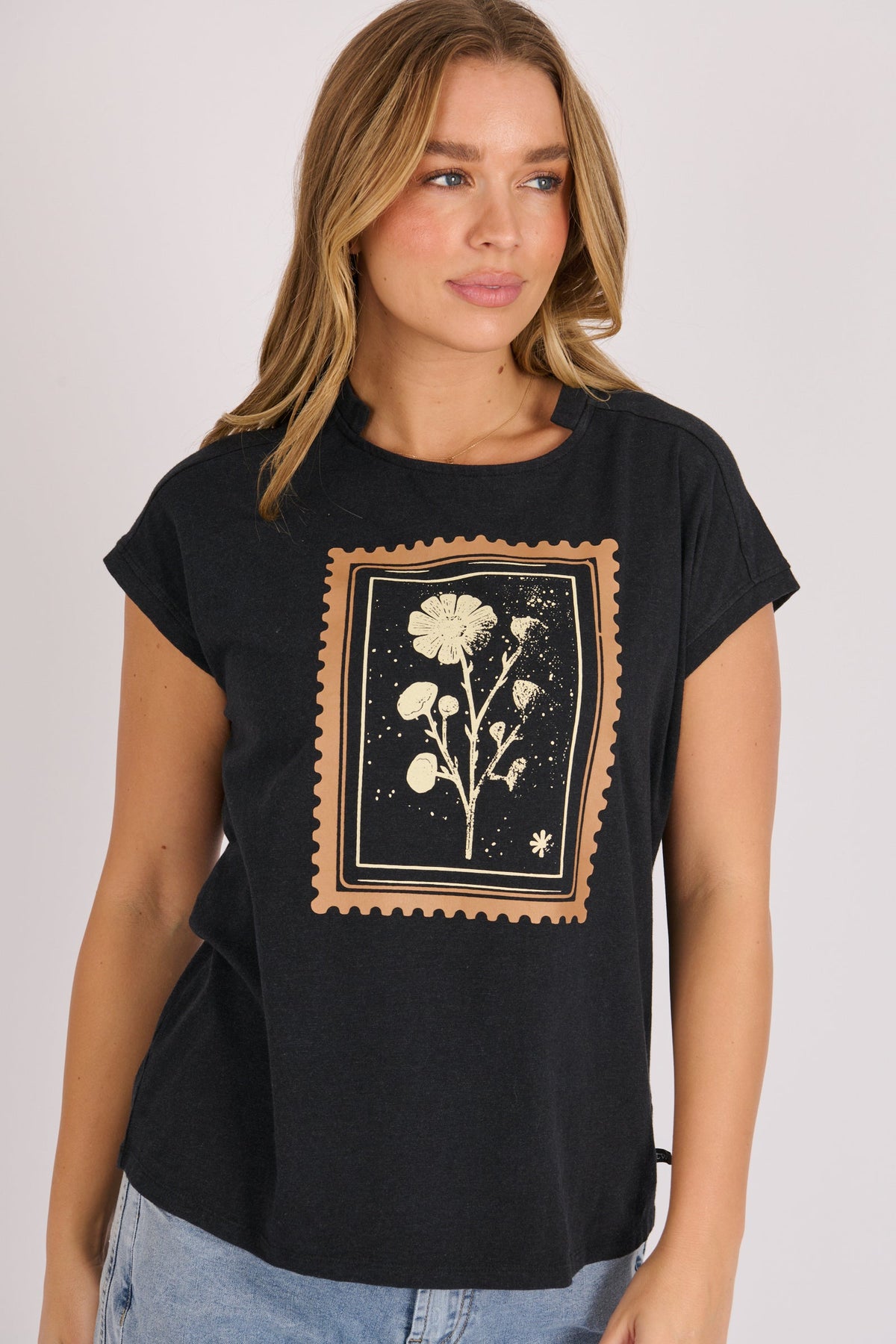 One Ten Willow Half Collar Shell Tee in black with floral stamp print