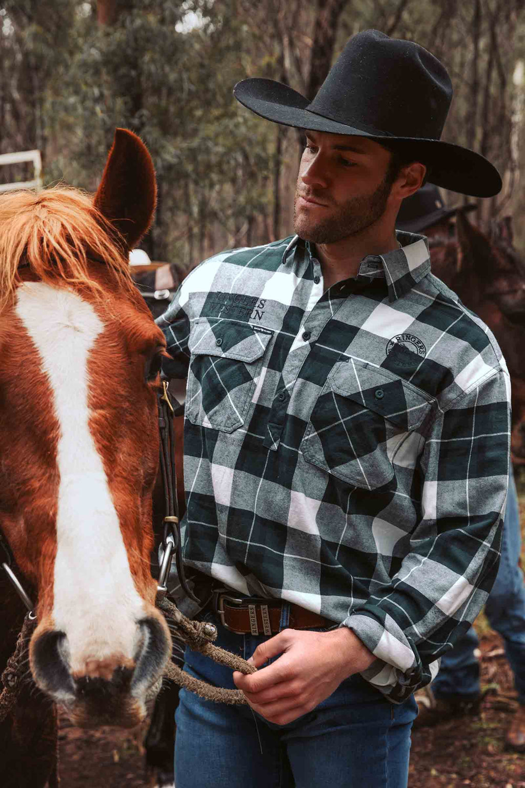 Ringers Western Kingswood Mens Half Button Flannel - Pine / White (view 4)