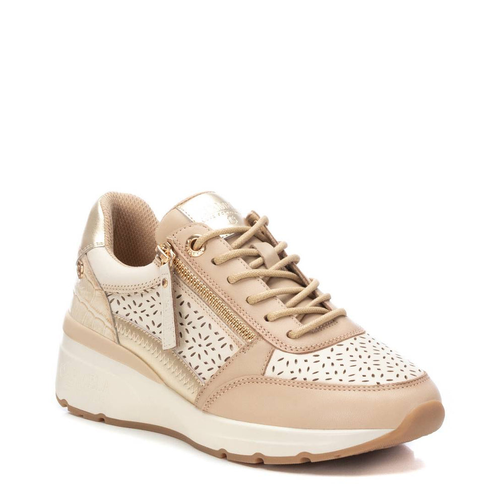 Lace Up Zip Trainer - Beige Leather