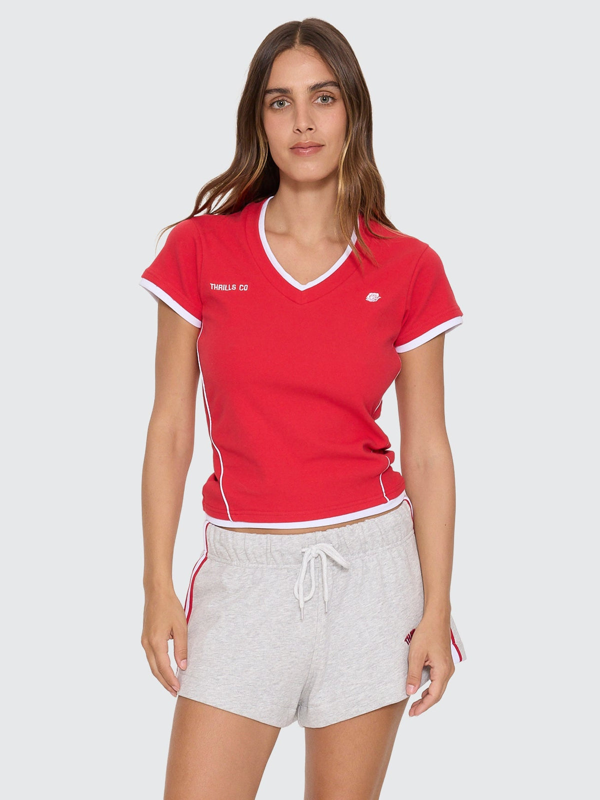 Thrills Tournament Of Roses V Neck Club Tee in winning red