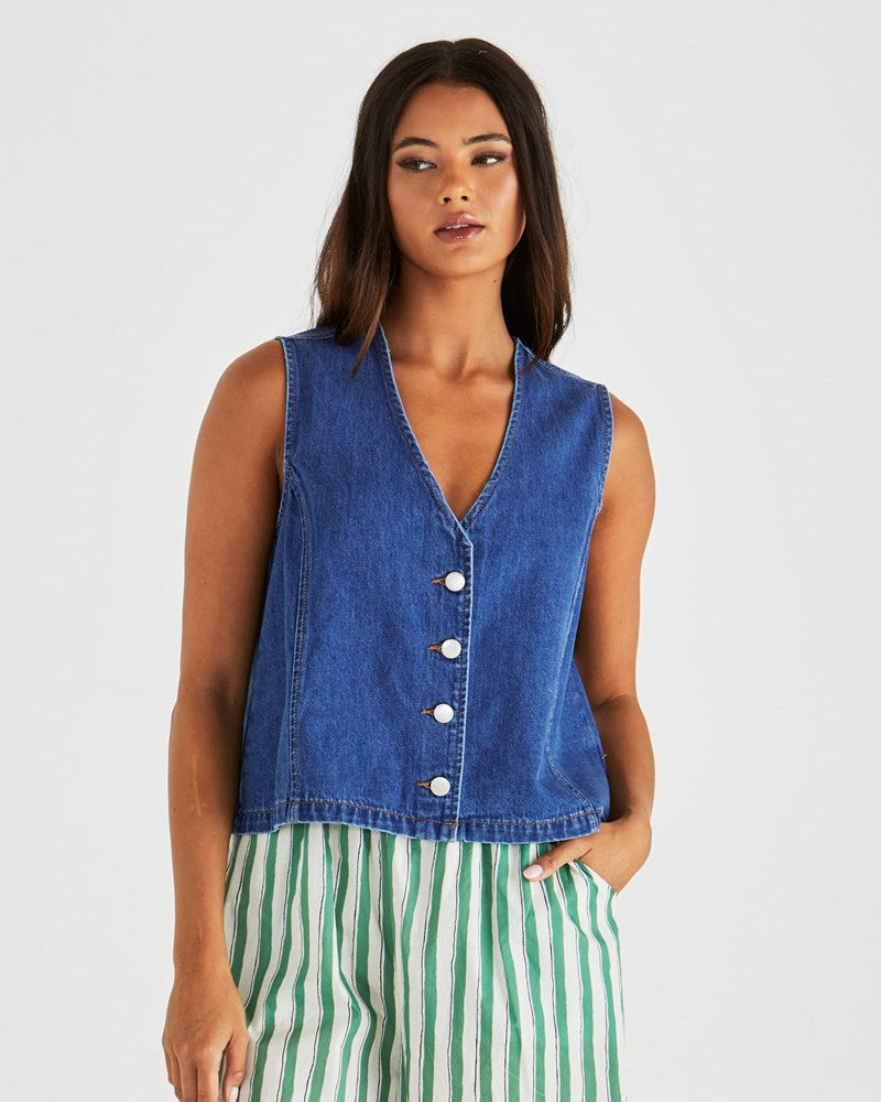 Sabine Denim Vest - Mid Blue Wash