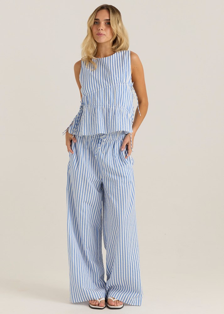 Sass Aziza Gathered Tie Top - Blue / White Stripe (view 2)