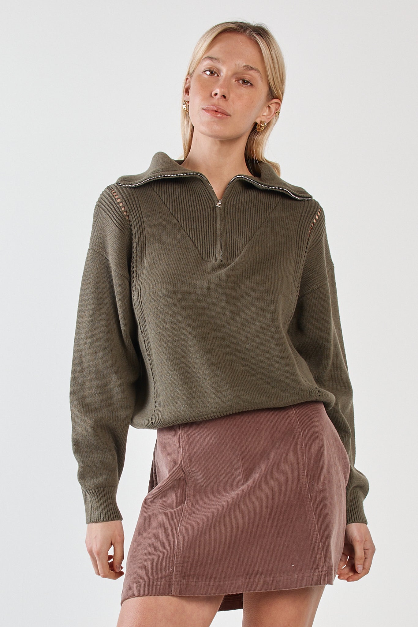 Sass Esti Pointelle Zip Up Knit Khaki