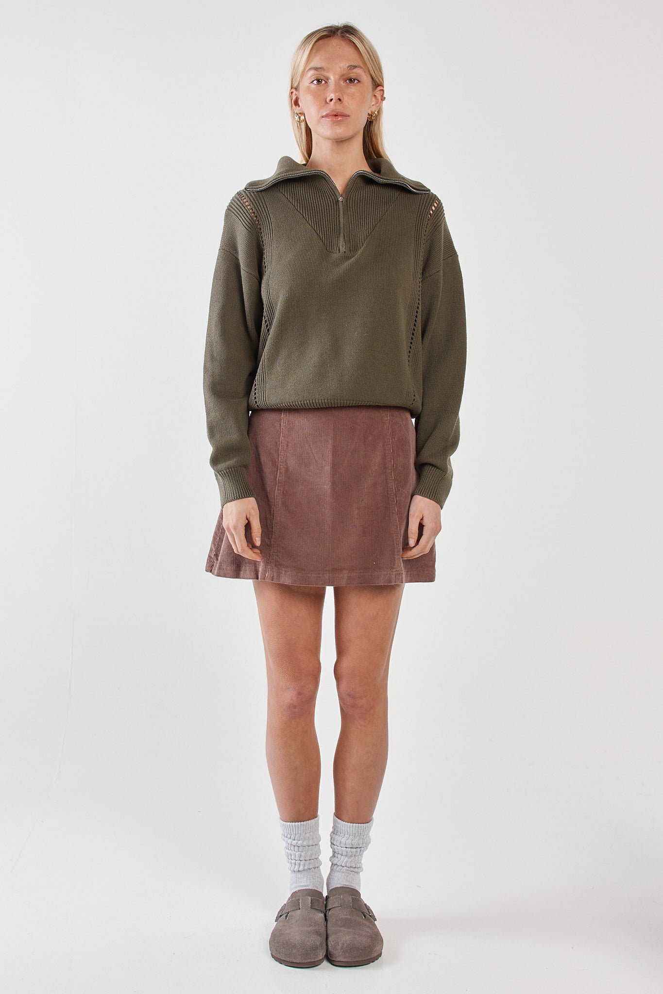 Sass Esti Pointelle Zip Up Knit Khaki - detail