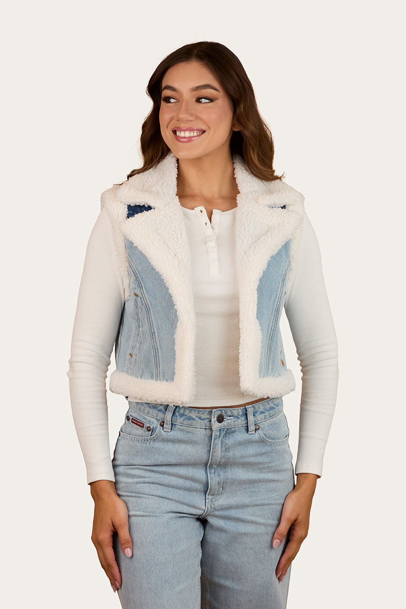 Ringers Western Amaya Womens Denim Sherpa Vest - Vintage Light Blue / Dark Mid Blue