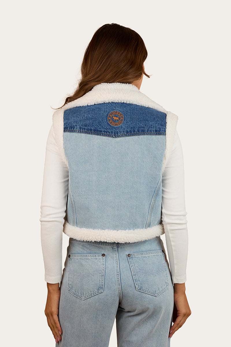 Ringers Western Amaya Womens Denim Sherpa Vest - Vintage Light Blue / Dark Mid Blue (view 2)