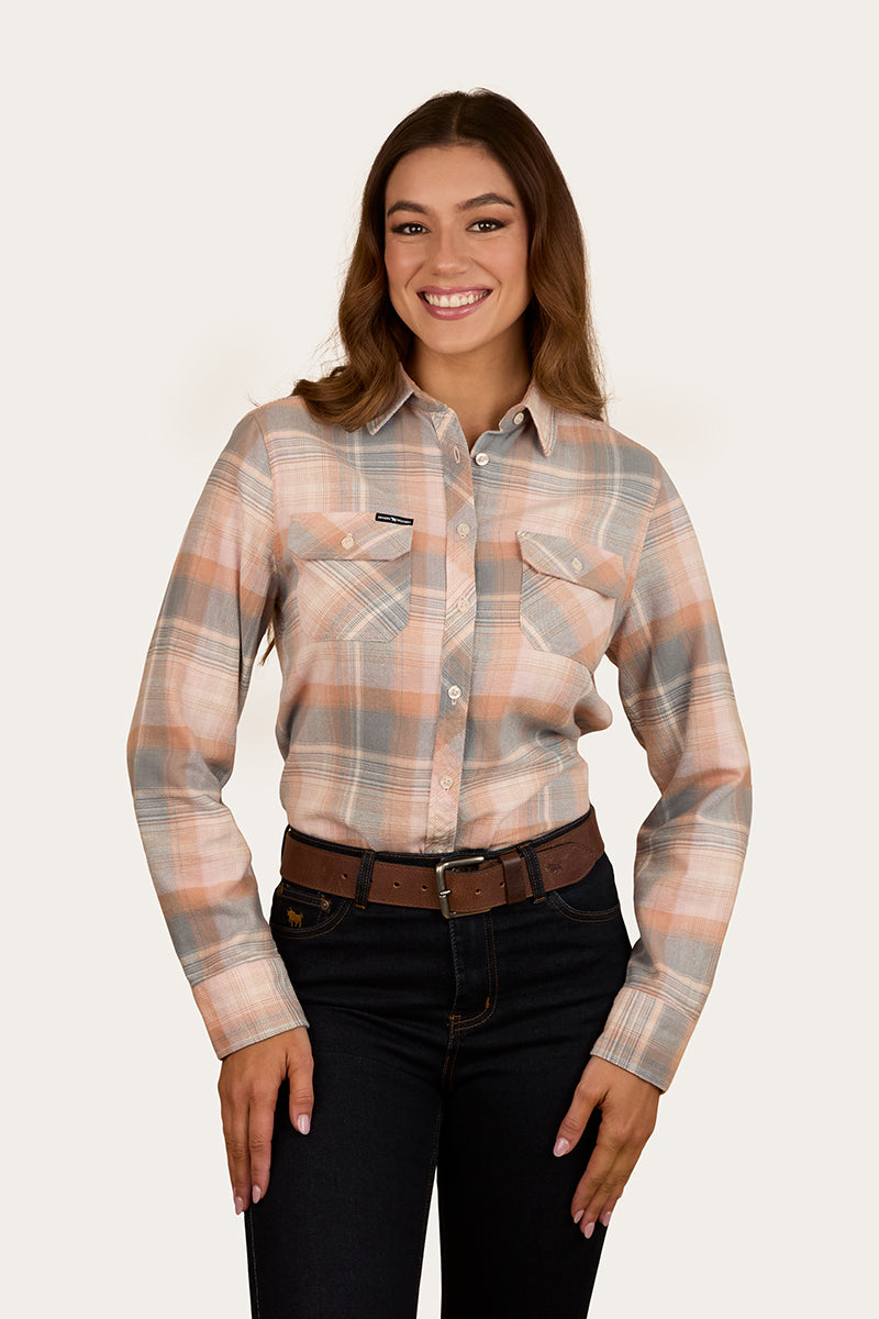 Ringers Western Rubyvale Womens Full Button Flannel - Peach / Grey