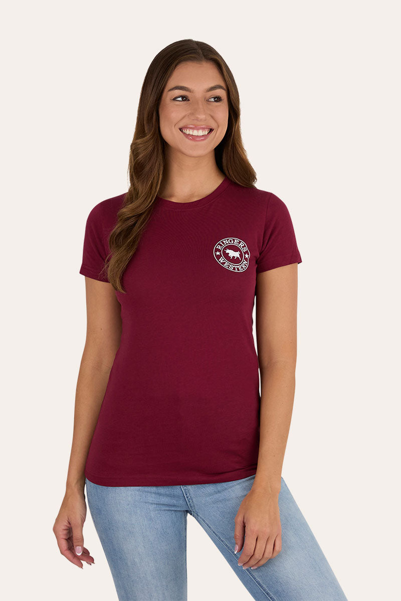 Ringers Western Signature Bull Womens Classic Fit T-Shirt - Burgundy with White Print