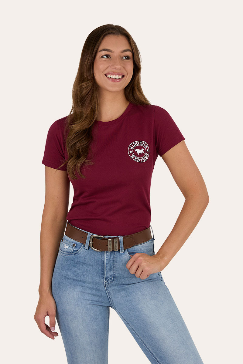Ringers Western Signature Bull Womens Classic Fit T-Shirt - Burgundy with White Print (view 4)