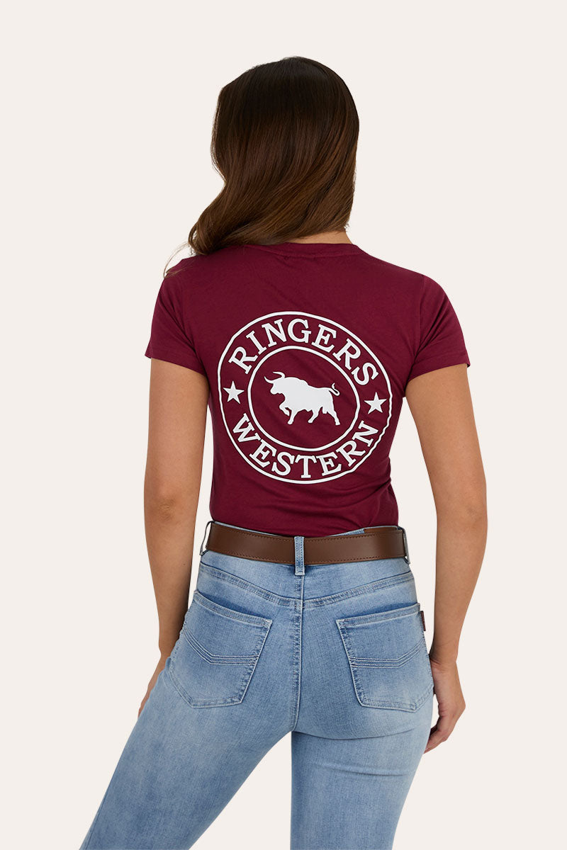 Ringers Western Signature Bull Womens Classic Fit T-Shirt - Burgundy with White Print (view 2)