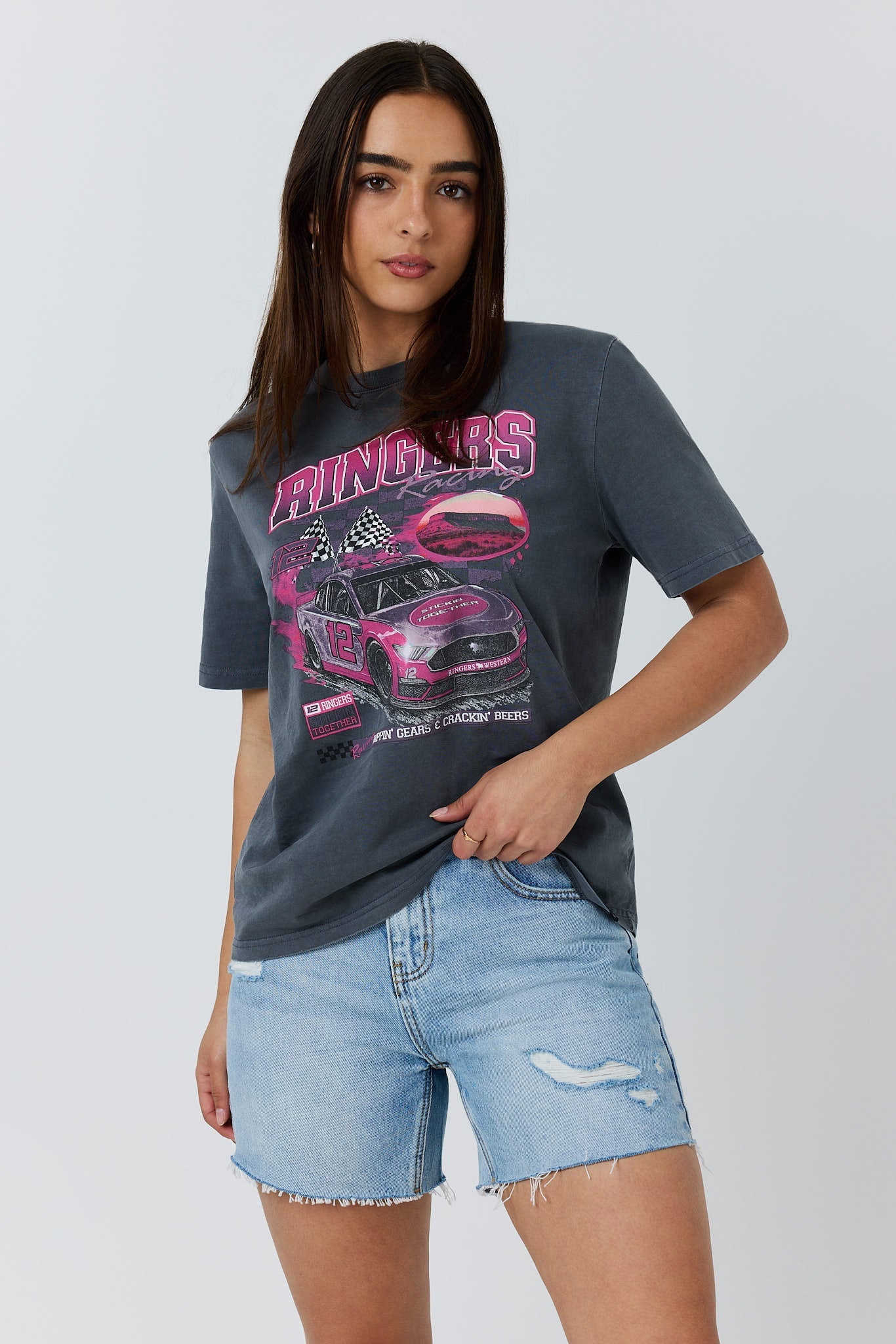 Ringers Racing Womens Tee in Washed Black - front detail