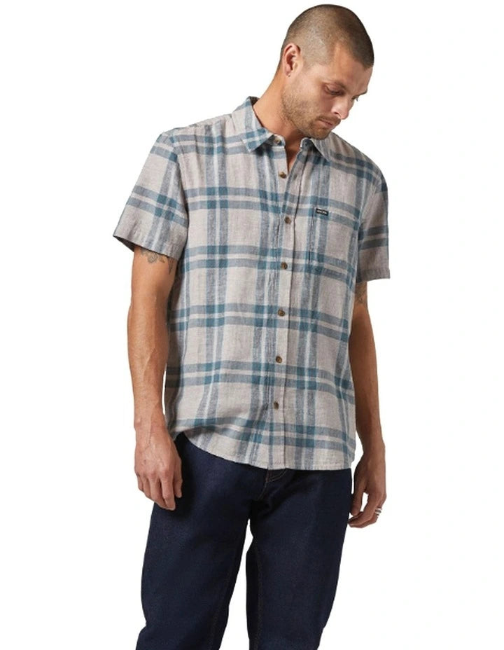 Brixton Charter Linen Short Sleeve Blend Shirt - Beige/ Azure Blue Plaid