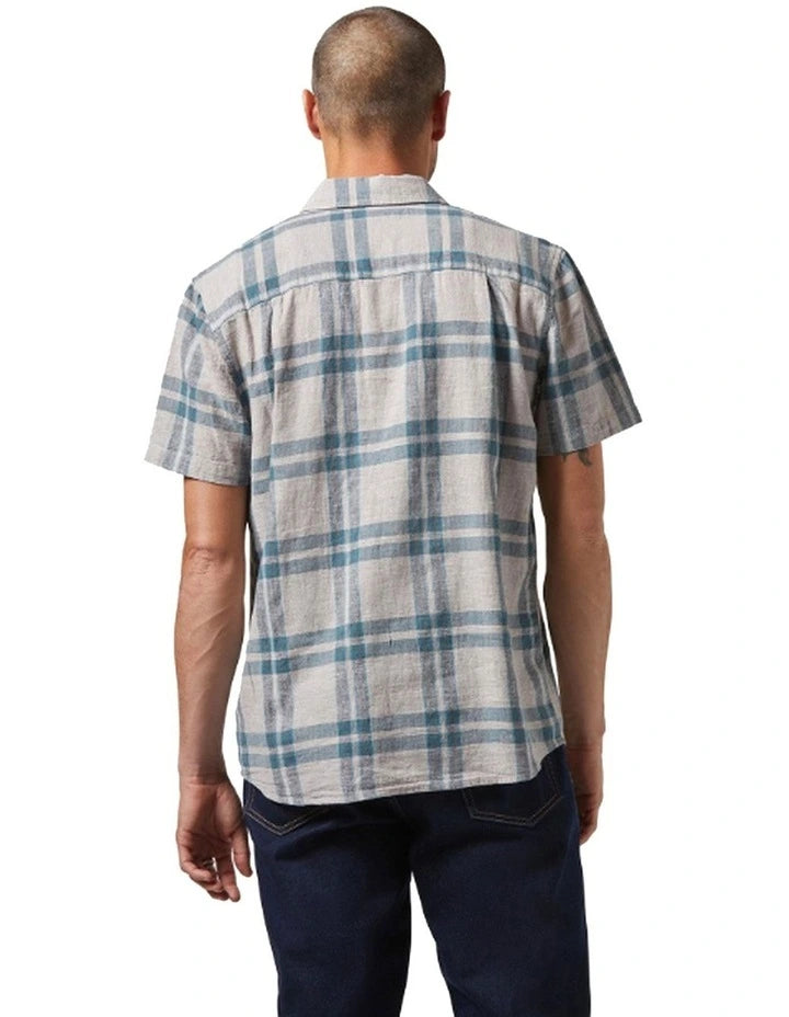 Brixton Charter Linen Short Sleeve Blend Shirt - Beige/ Azure Blue Plaid (view 2)