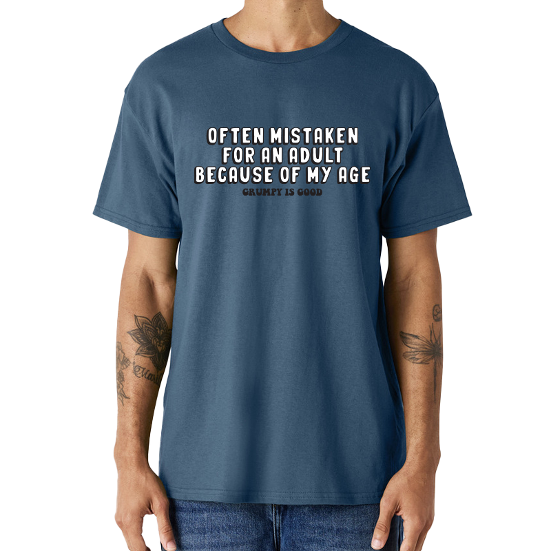 Grumpy Is Good Often Mistaken tee in indigo blue