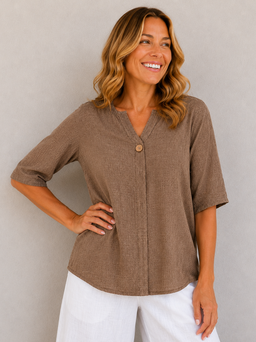 Renoma Bromley Donna Button Top in latte, front view
