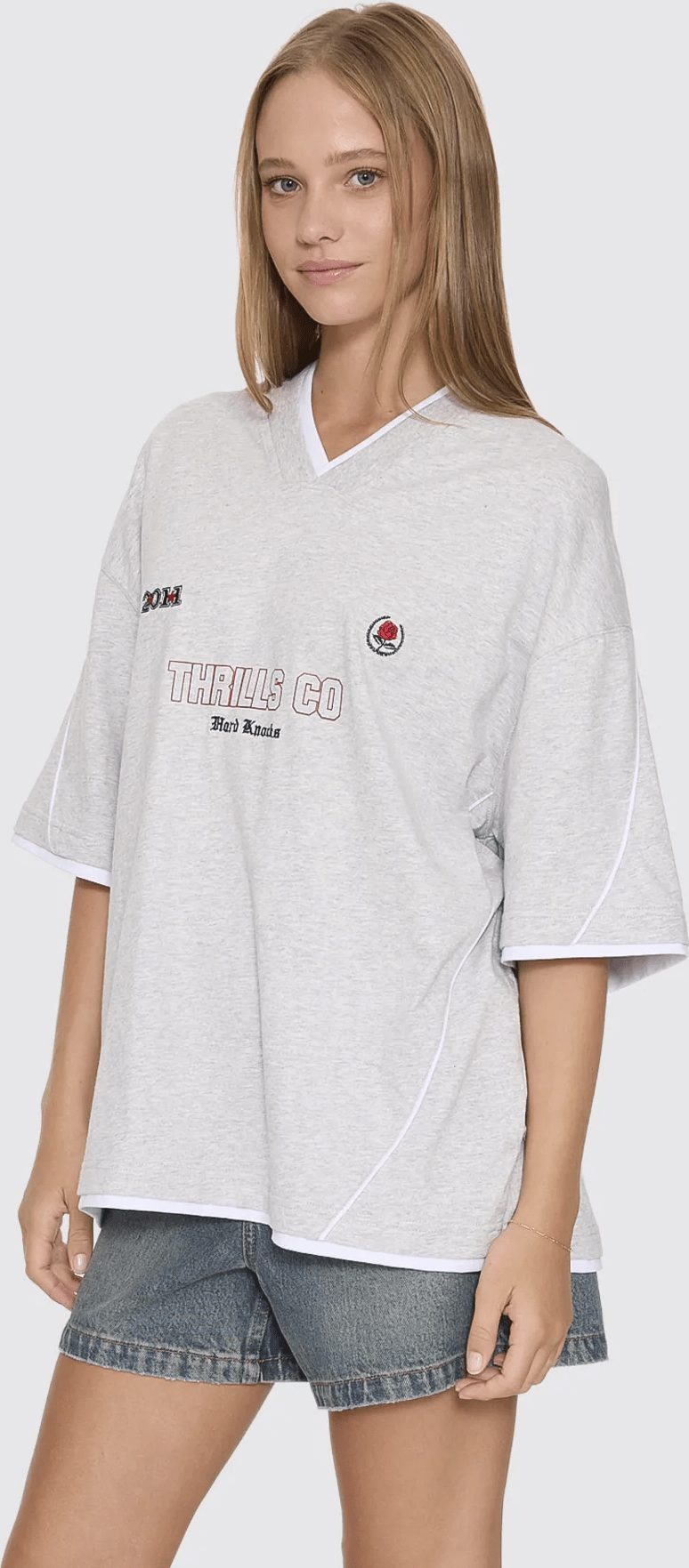 Thrills Tournament Of Roses V Neck Oversized Tee in Snow Marle - side