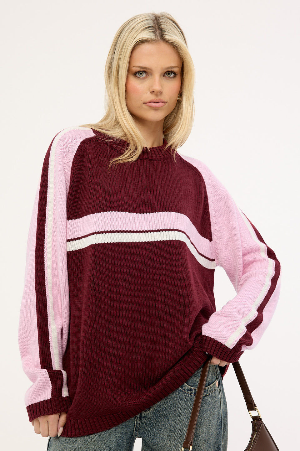 Rusty White Lines Two Long Sleeve Crew Neck Knit - Burgundy