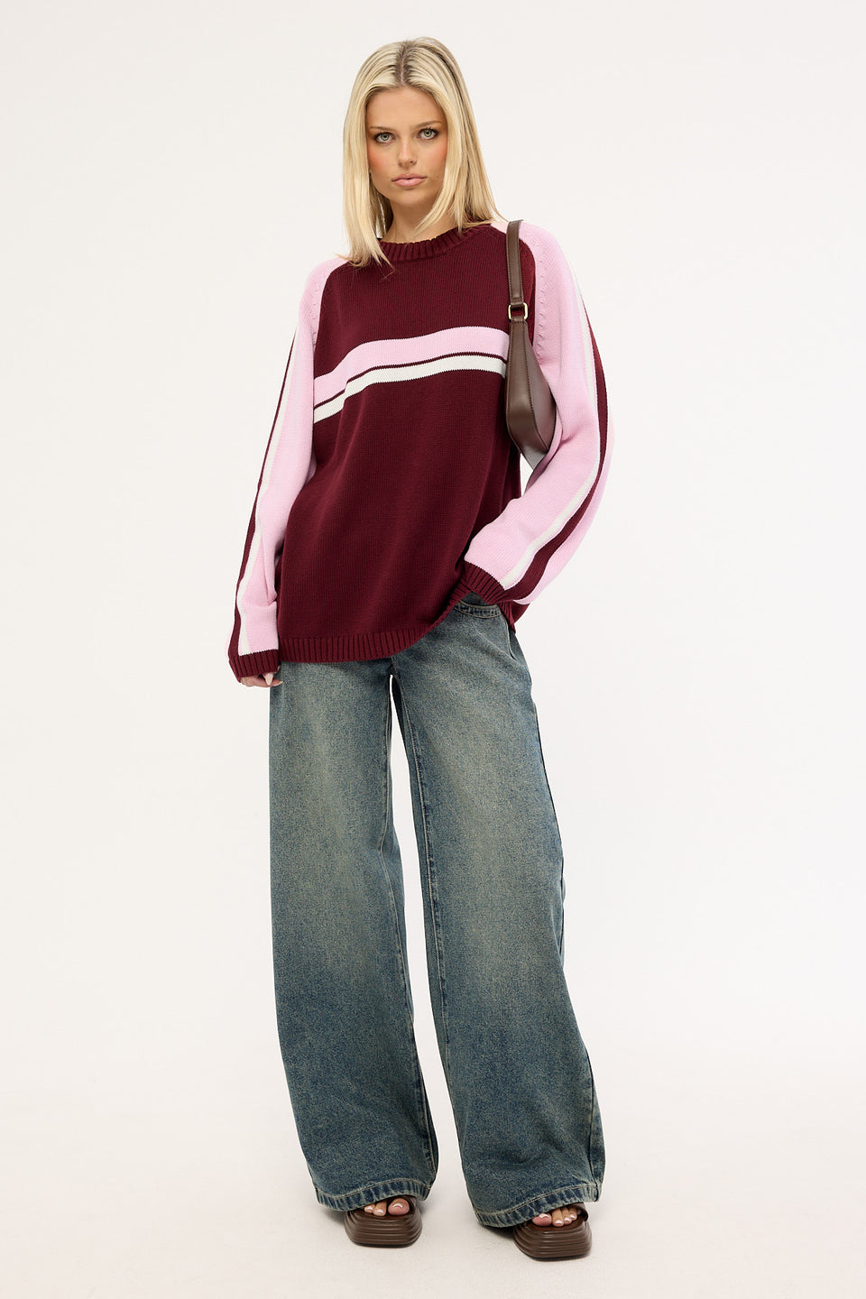 Rusty White Lines Two Long Sleeve Crew Neck Knit - Burgundy (view 2)