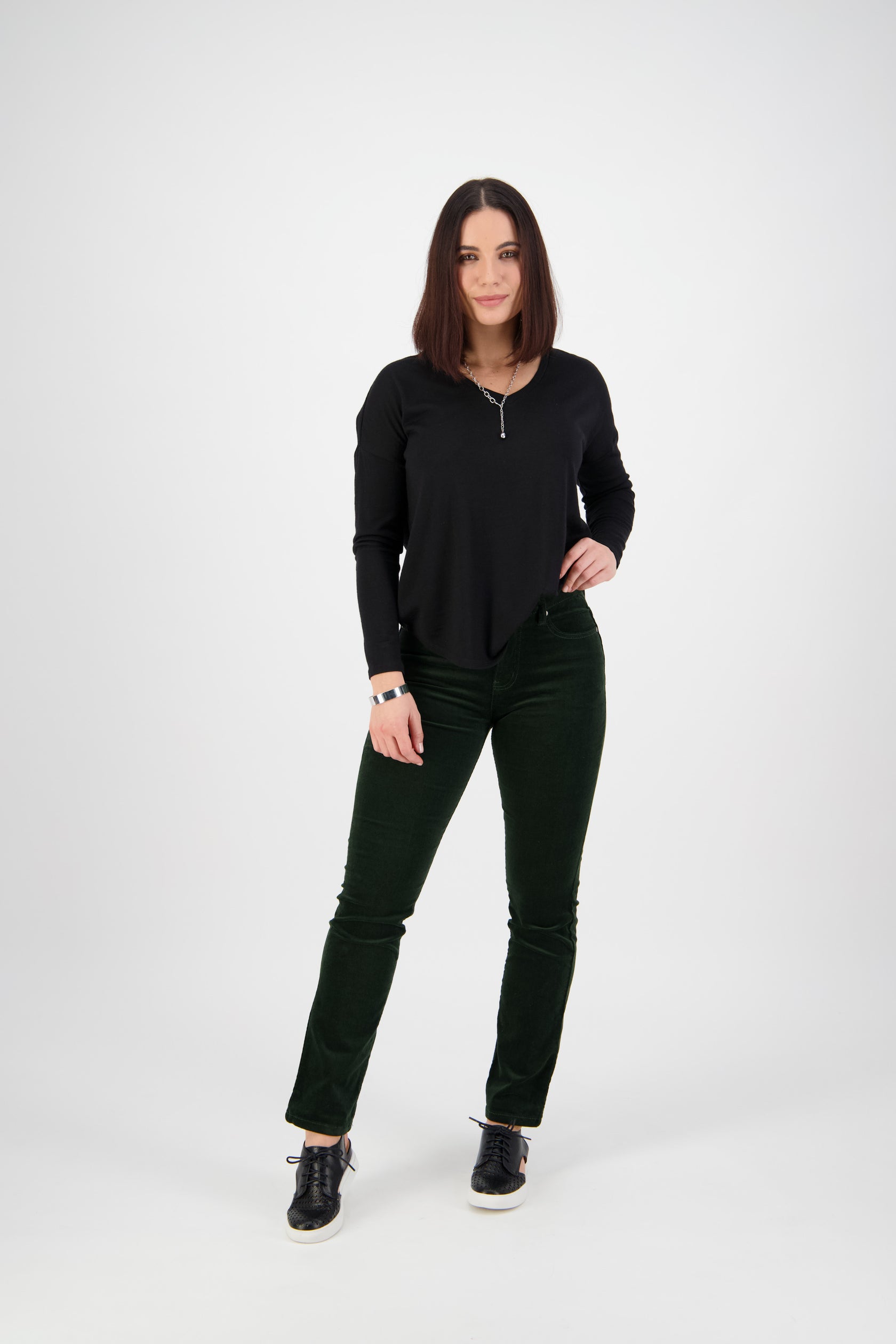Vassalli Straight Leg Full Length Pinwale Cord Pant with Fly - Forest (view 2)