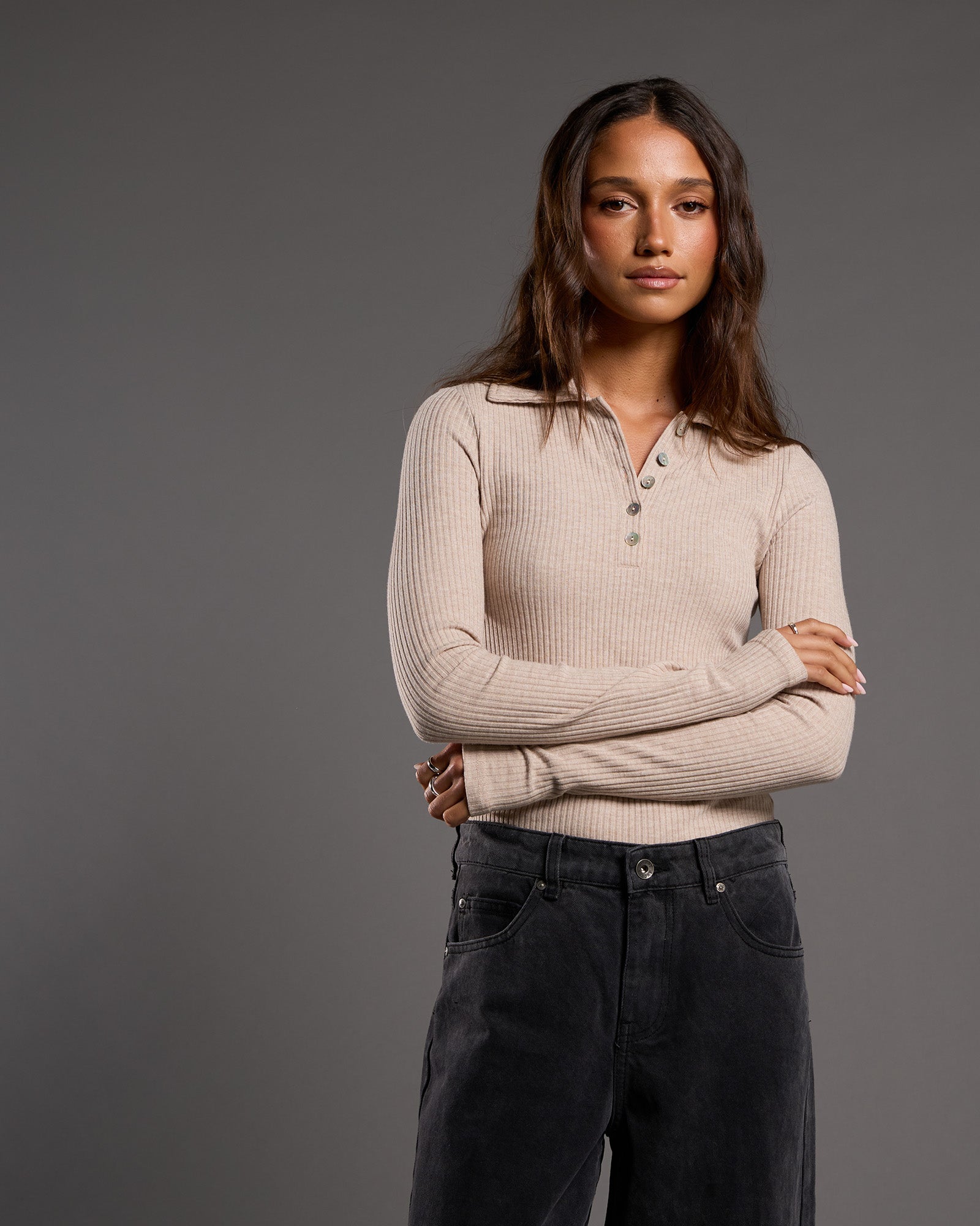Silent Theory Aria Knit Long Sleeve Top Oat