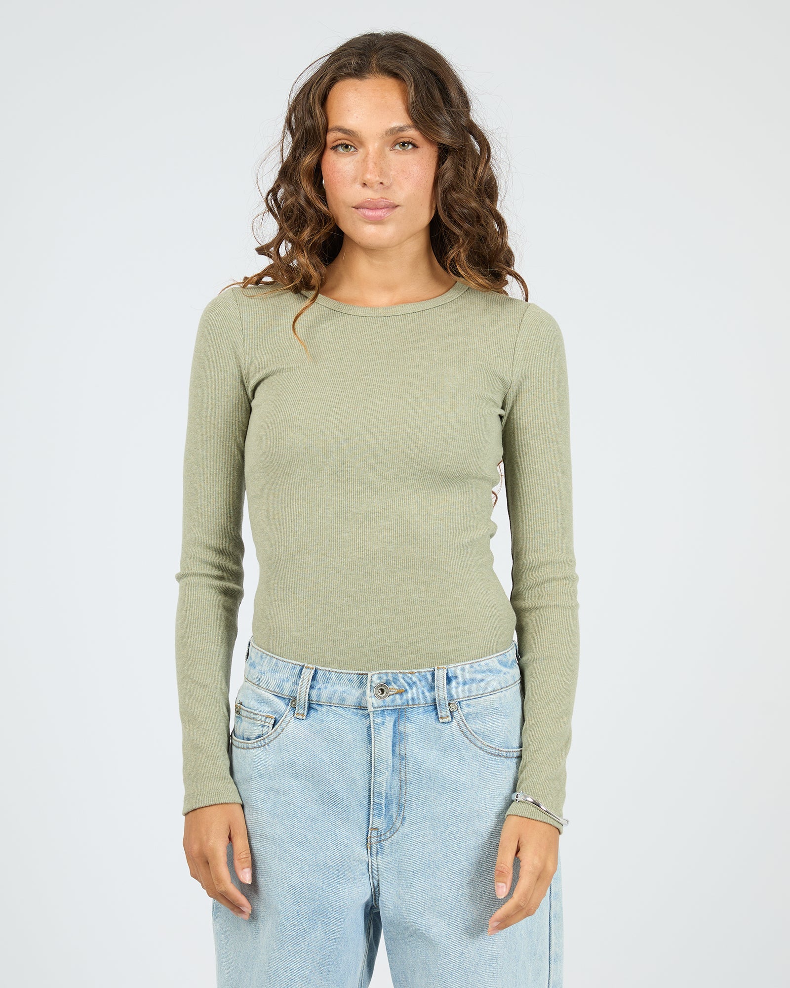 Silent Theory Rib Long Sleeve Tee Fern - front view
