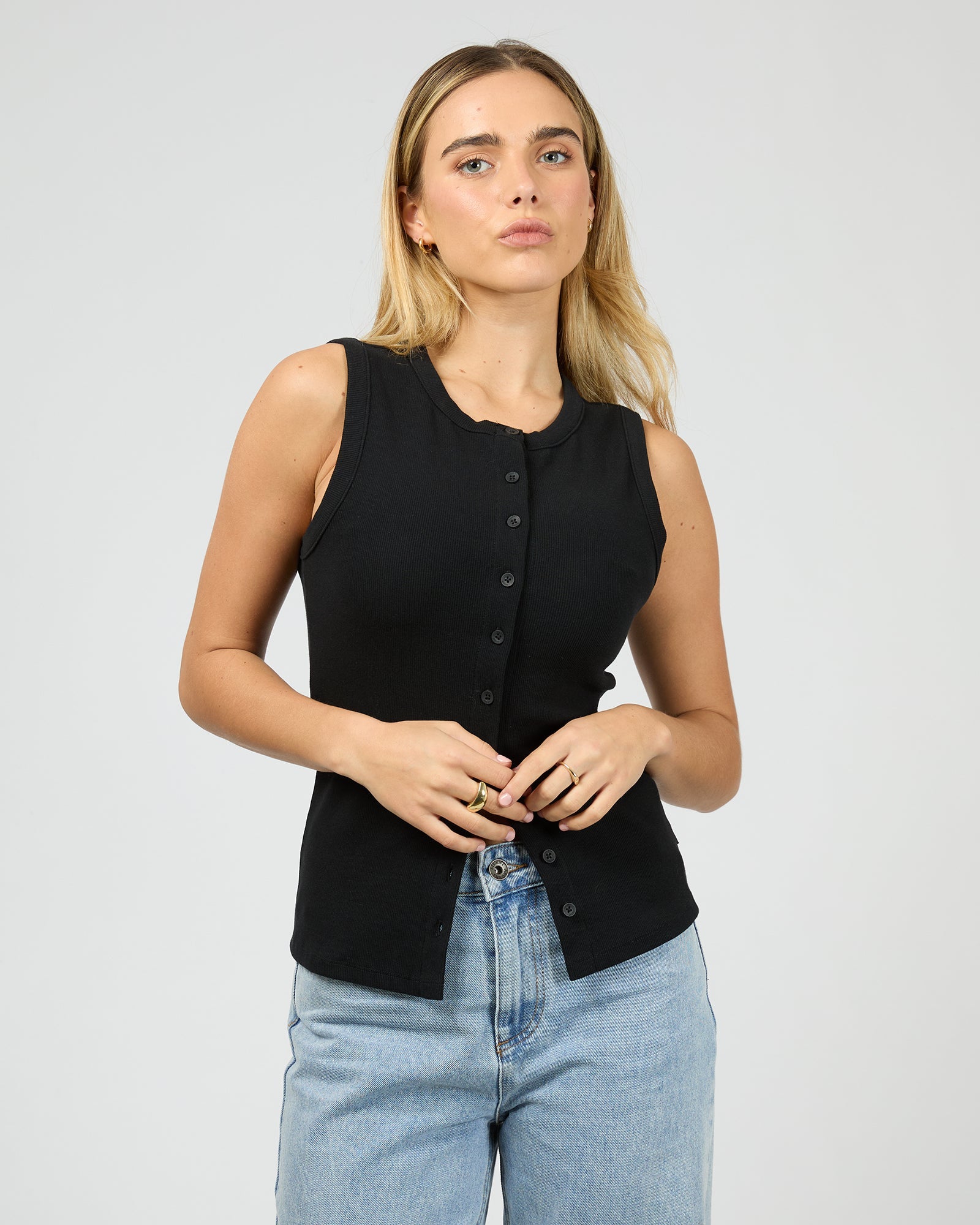 Silent Theory Button Up Tank in black - front