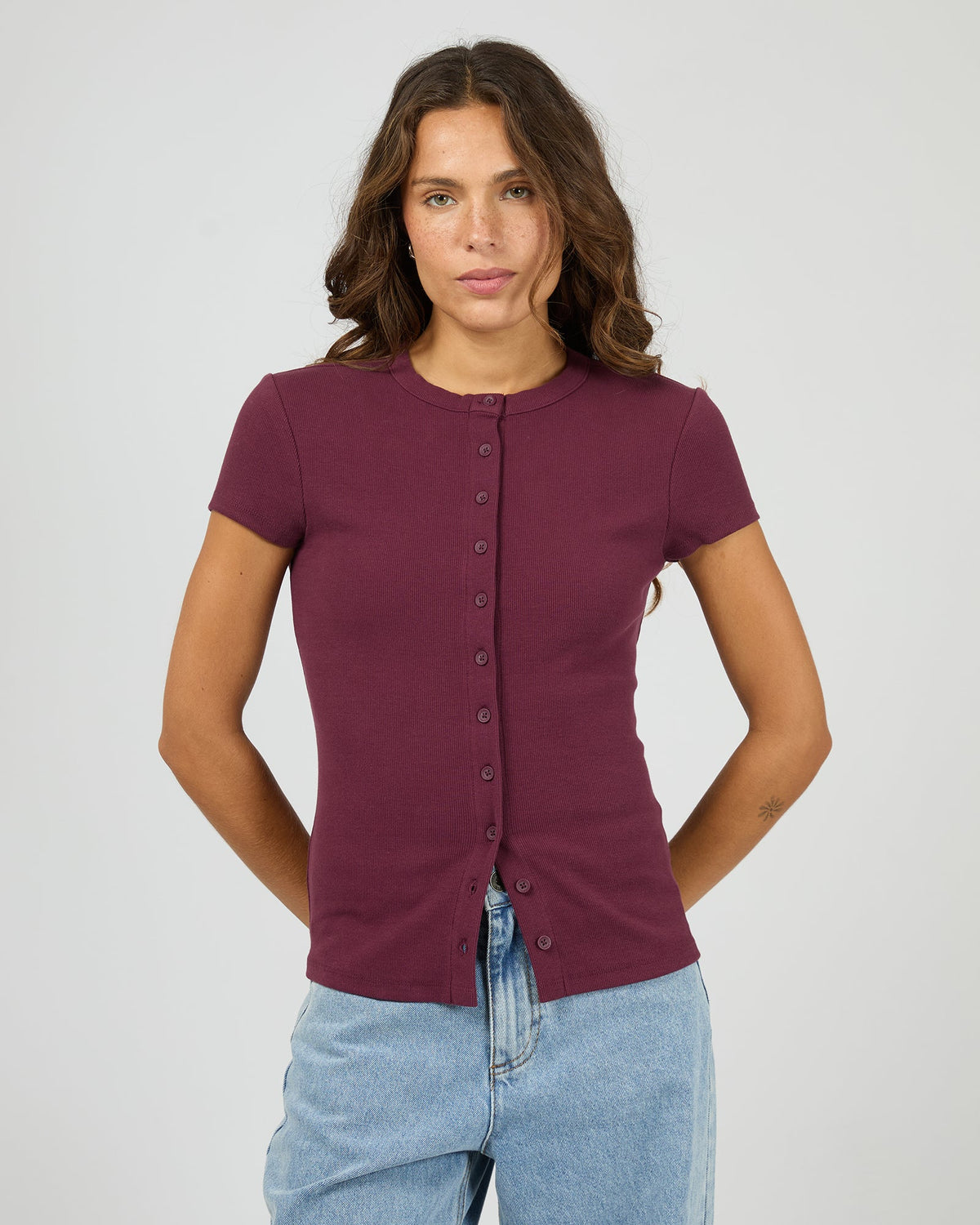 Silent Theory Button Up short sleeve tee in cherry, front view