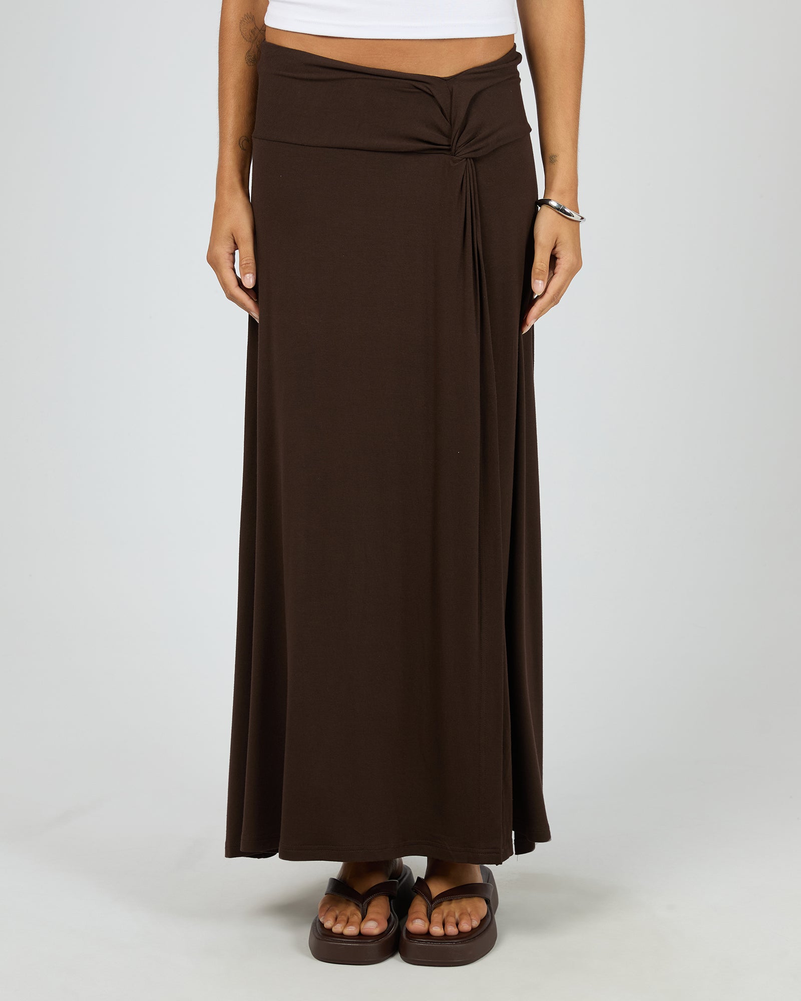 Silent Theory Twist Detail Maxi Skirt in chocolate - front