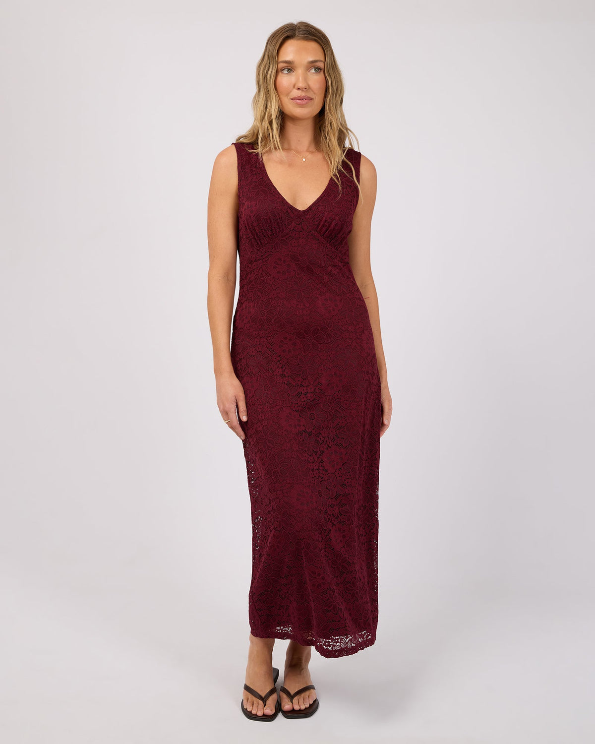 All About Eve Zea Lace Maxi Dress wine side view