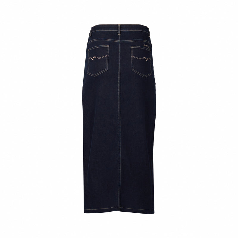 Mid Length Skirt w Front Split - Ink Denim