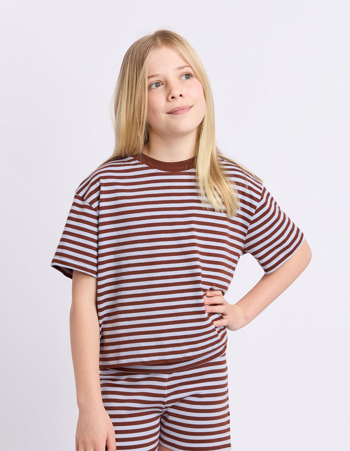St Goliath Paloma stripe short sleeve tee in chocolate, front view