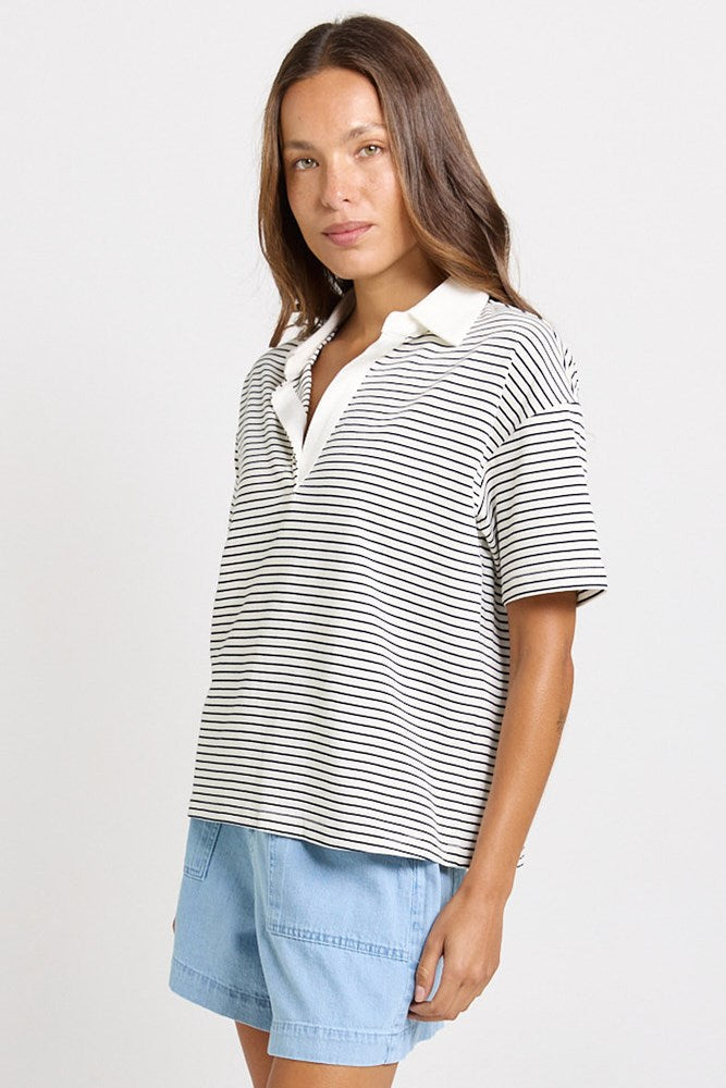 Betty Basics Freddy Polo Top in white and navy stripe, side view