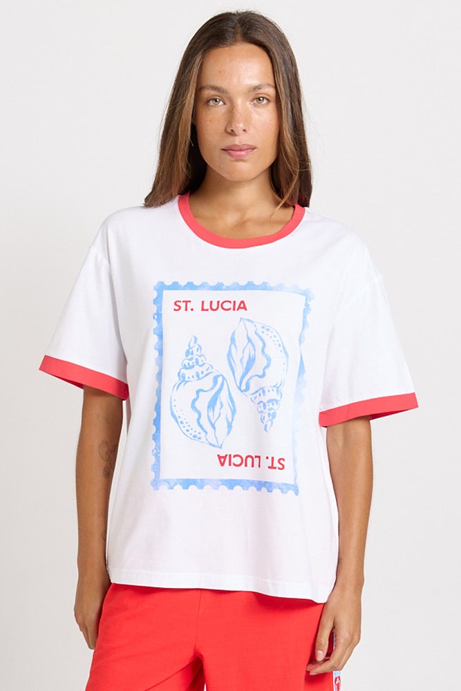 Betty Basics Relax Boxy Tee in white with St Lucia shell print, front view