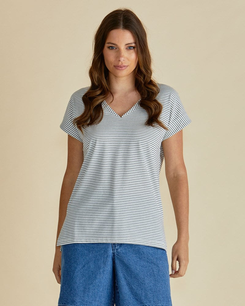 Betty Basics Tracy V-Neck Tee - Black / White Stripe