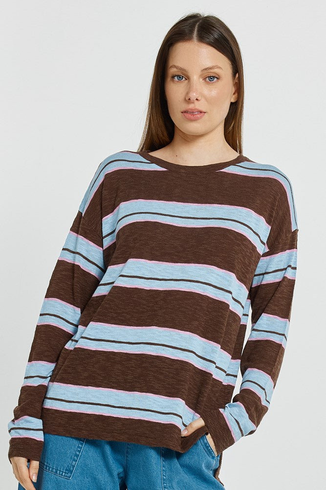 Betty Basics Natasha Knit Top - Chocolate/Blue/Pink Stripe