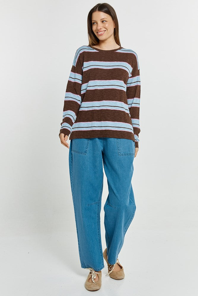 Betty Basics Natasha Knit Top - Chocolate/Blue/Pink Stripe (view 2)