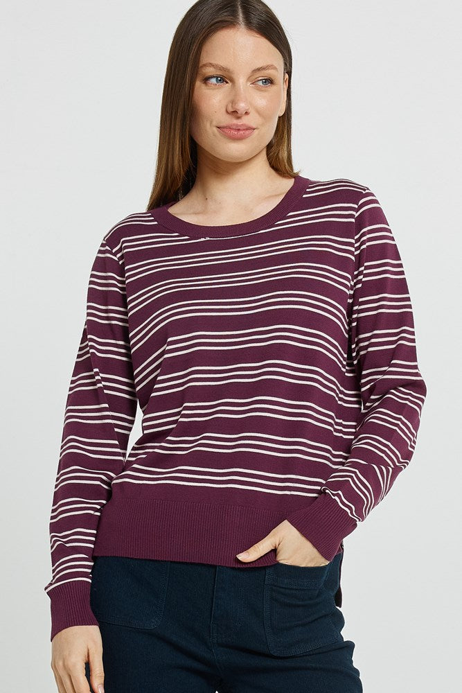 Betty Basics Lenore Sweater - Wine/Pink Stripe