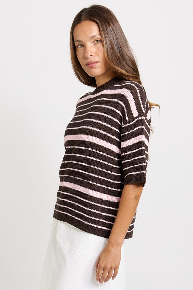 Betty Basics Dylan Knit Tee Chocolate Pink Stripe detail