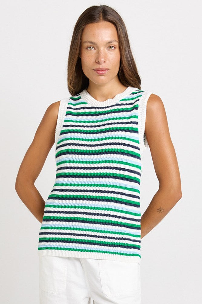Betty Basics Roni Knit Tank in blue and green stripe, front view