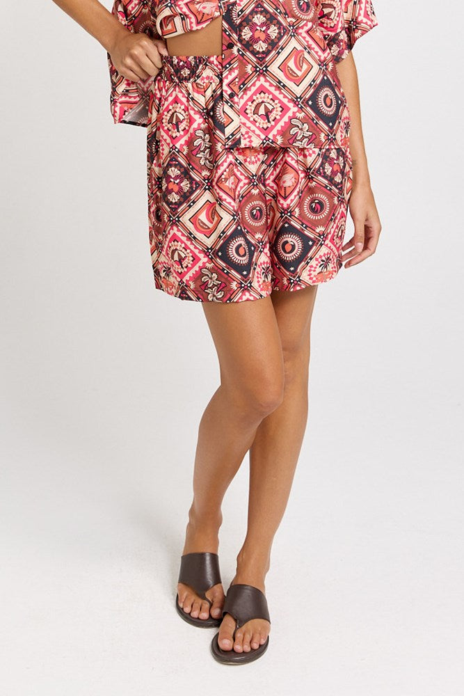 Betty Basics Solstice Short in pink and red Coco print, front view