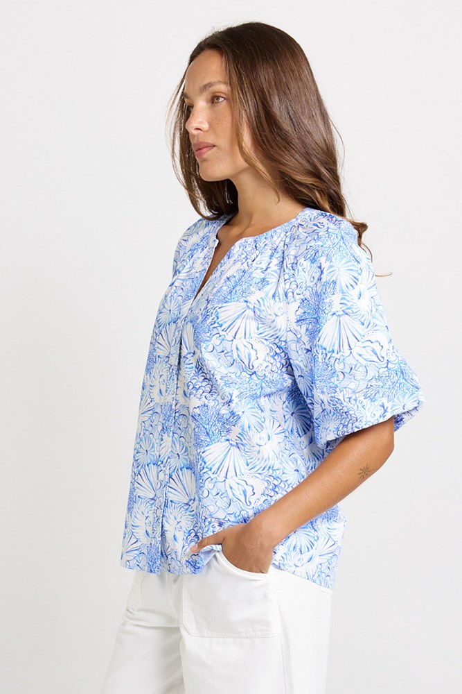 Betty Basics Bronte Blouse in blue shell print, side view