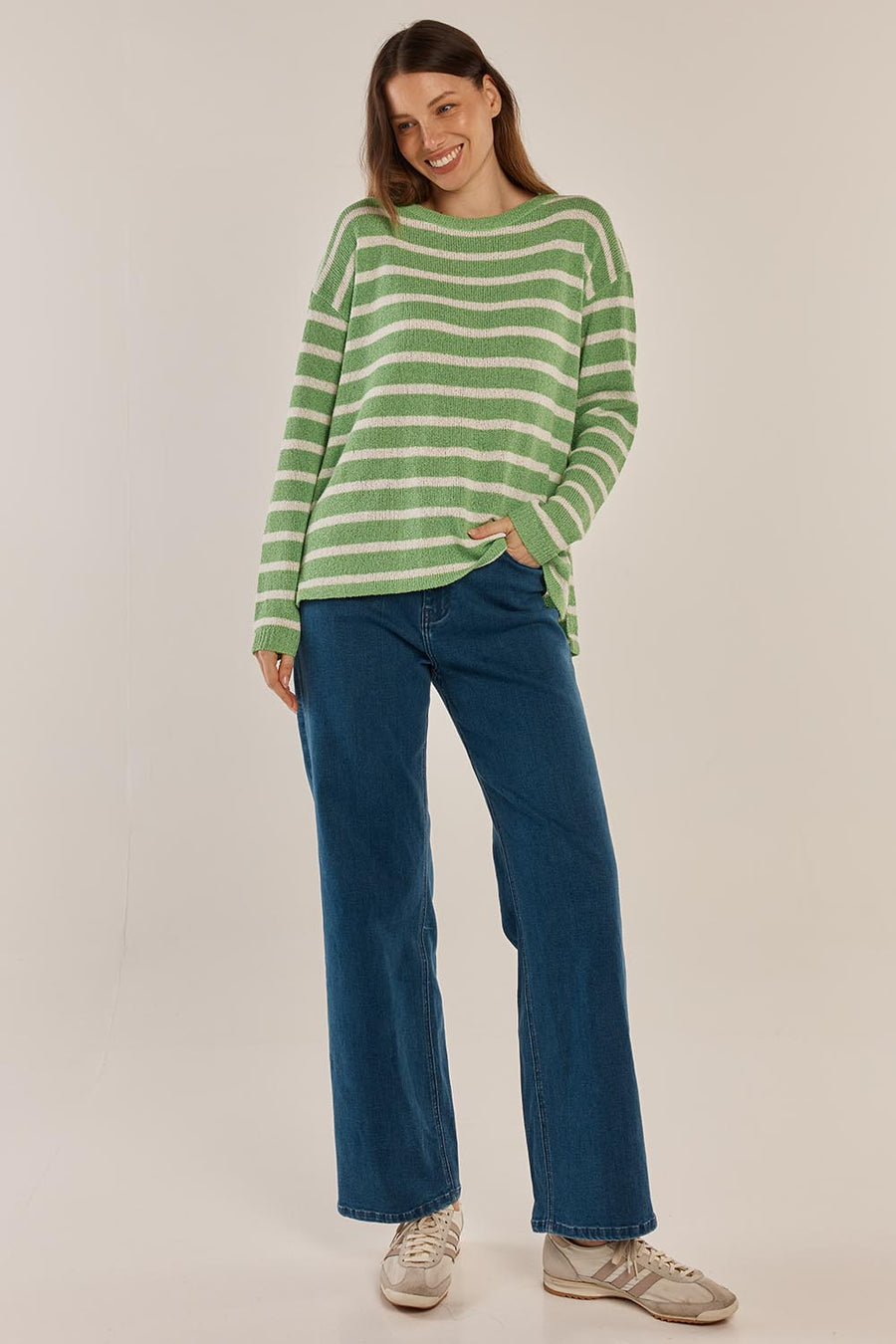 Betty Basics Bradford Knit Top - Green/Cream Stripe (view 2)