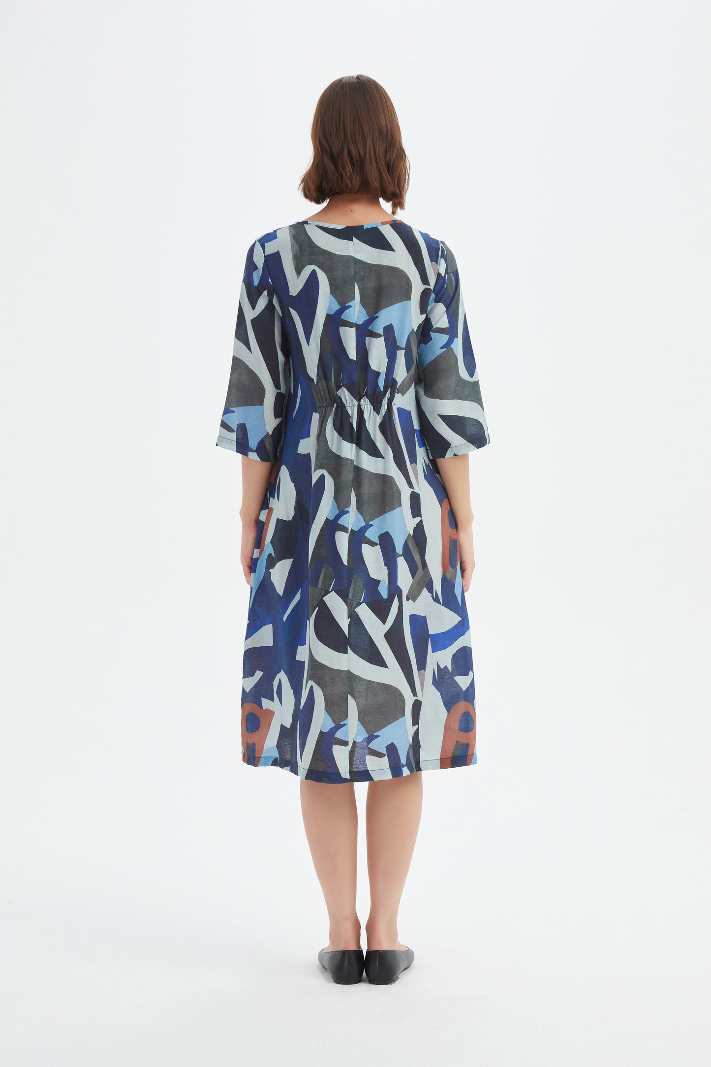 Curve Seam Print Dress - Blue Abstract Print