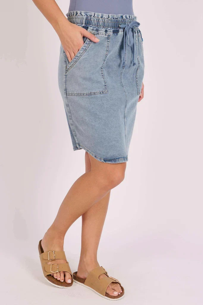 One Ten Willow beach skirt in mid blue denim, side view